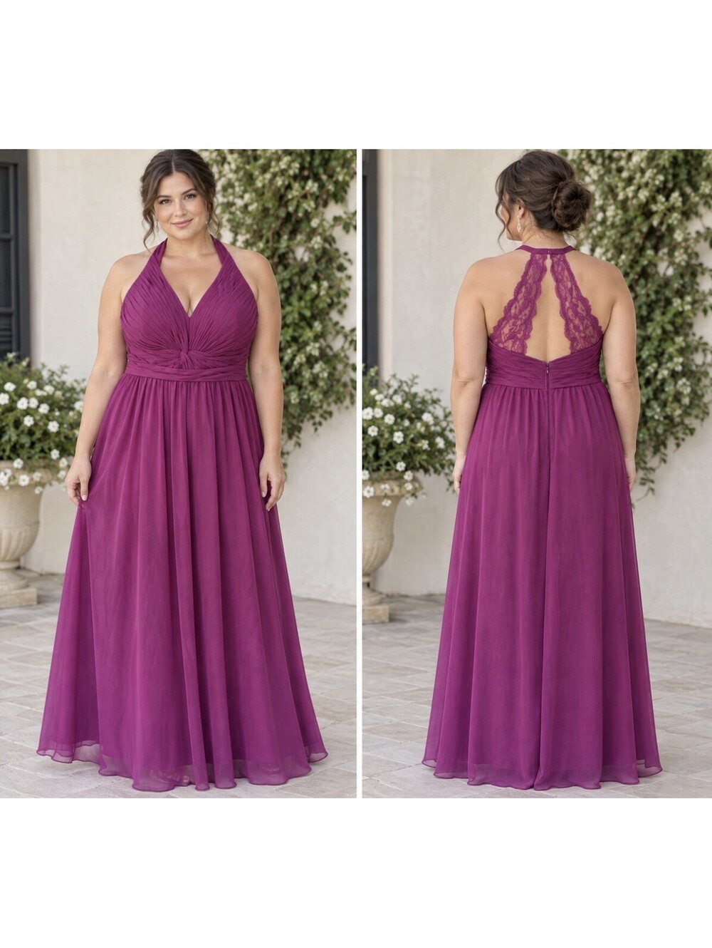 DaVinci Bridesmaid Plum A-Line Ruffled Chiffon Floor-Length Prom Dress Size 14